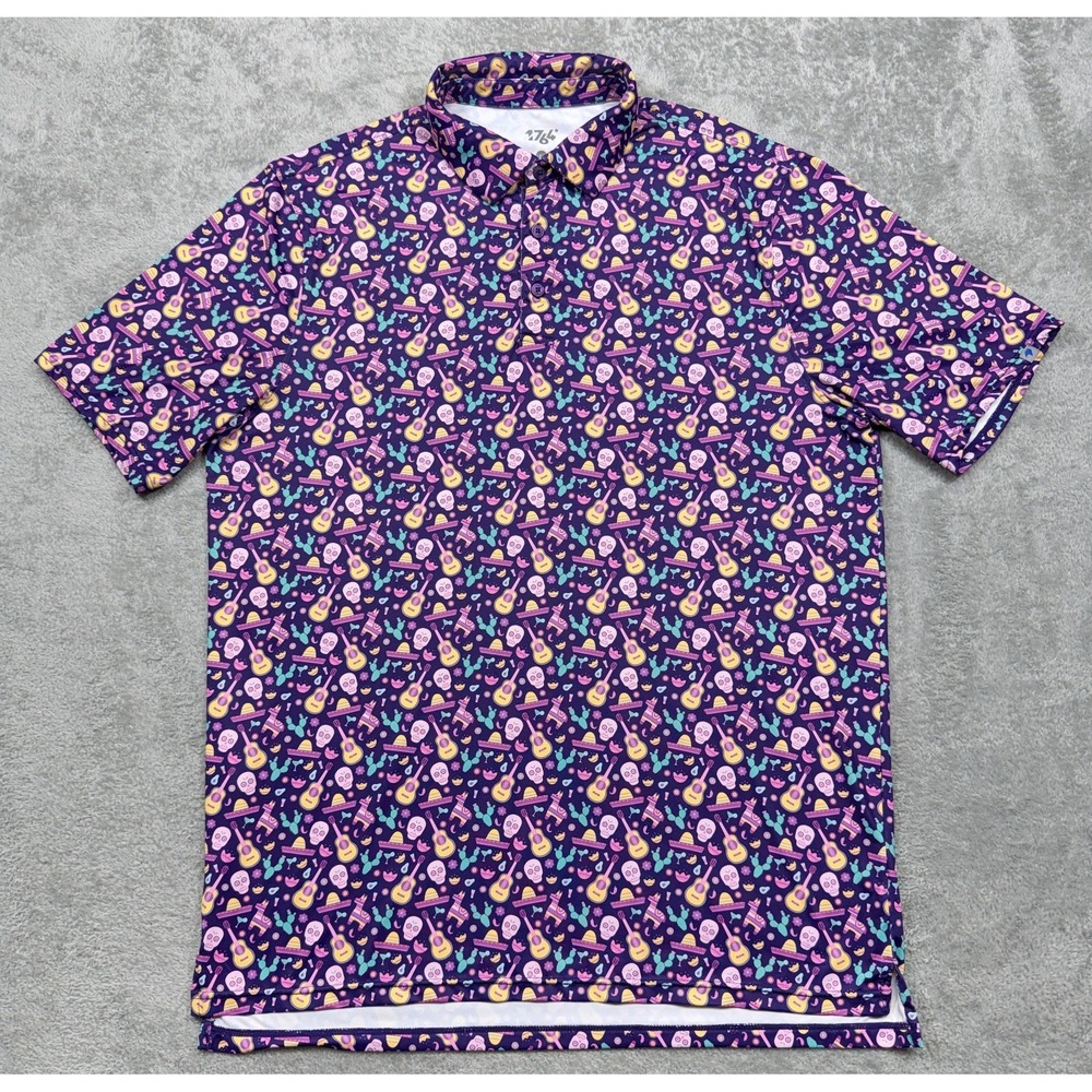 1764 Golf Polo Shirt Mens Large‎ Purple Cinco de Mayo Skulls Guitar Performance